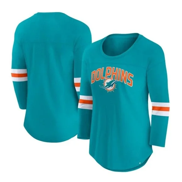 Women's Fanatics Aqua Miami Dolphins First Team Arch Logo 3/4 Sleeve T-Shirt - Picture 1 of 5